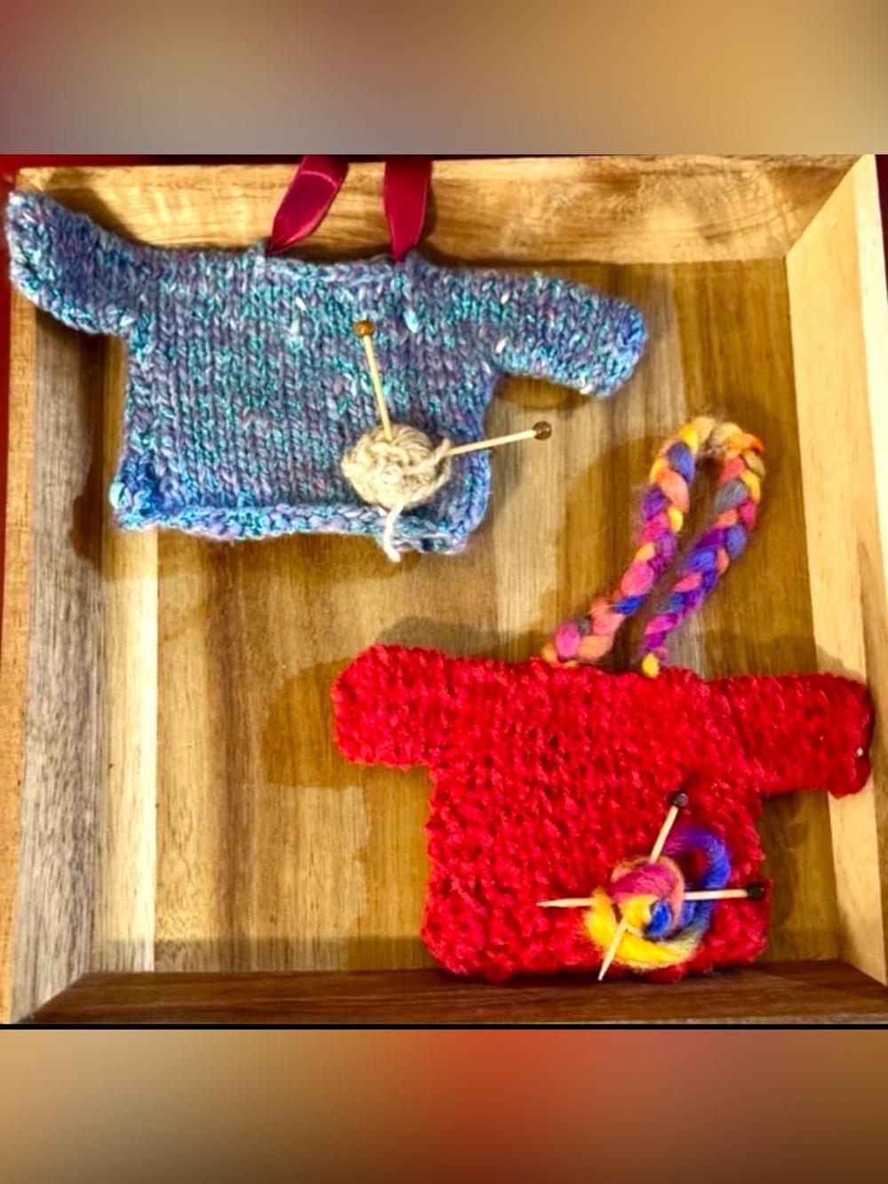 2 Extra Large Hand Knitted Christmas Sweater Ornaments 90’s 🎄 Wool Chenille